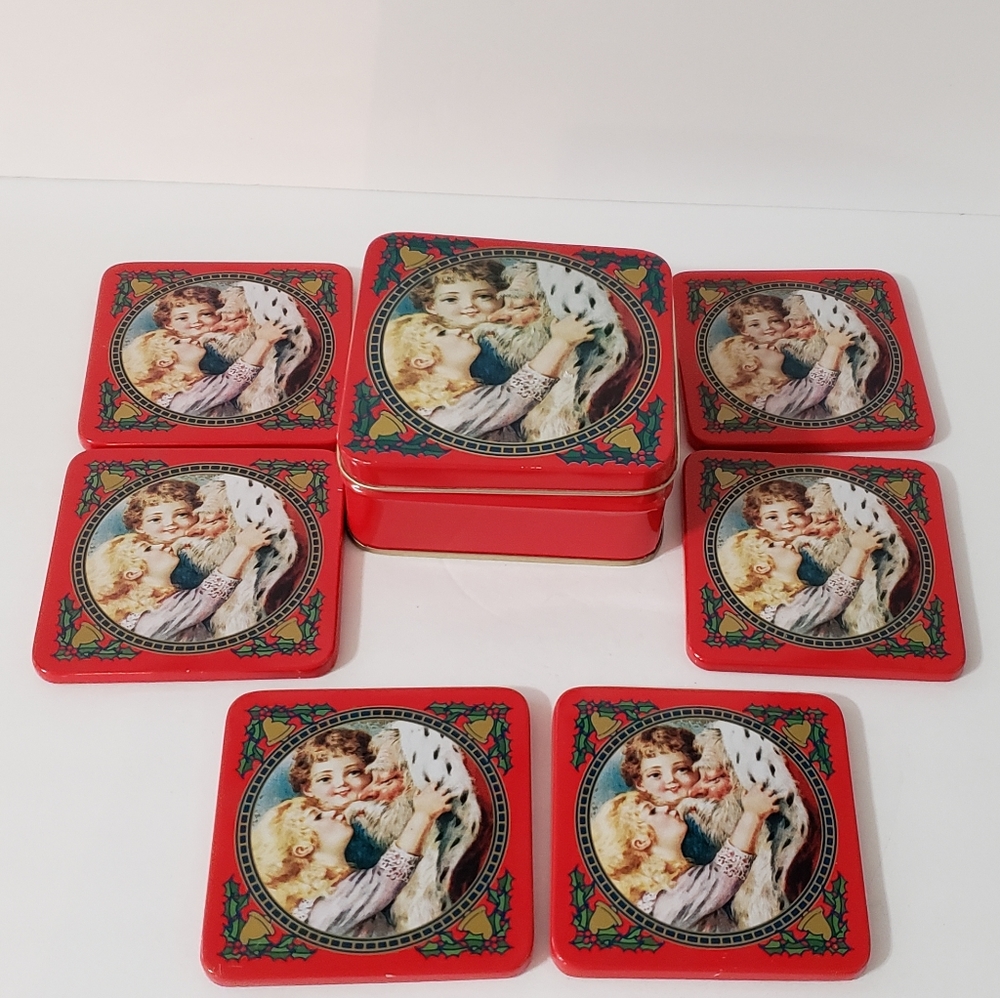 Vintage Enesco Santa Coaster Set Tin